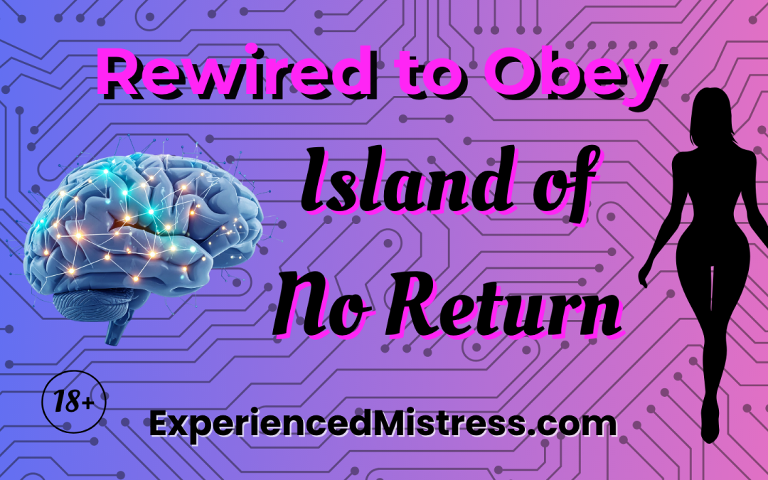 Graphic image with the words Rewired to Obey: Island of No Return. The background is gradient blue to lavender with a graphic image of a brain on the left side and a silhouette of a woman on the right side representing the rewiring of his brain from male to female by his Experienced Mistress Olivia