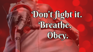 graphic - red background with a closeup of woman in leather holding a riding crop. Text: Don't fight it. Breathe. Obey. Graphic is part of The New Submissive series of Femdom Erotica by Ms Olivia